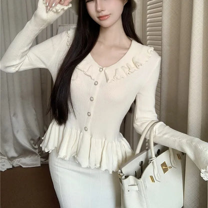 Autumn Winter Knitted 2-Piece Sets Women Ruffles Tops Bodycon Fishtail Skirt Slim Solid Knitwear Outfits Korean Fashion Suit
