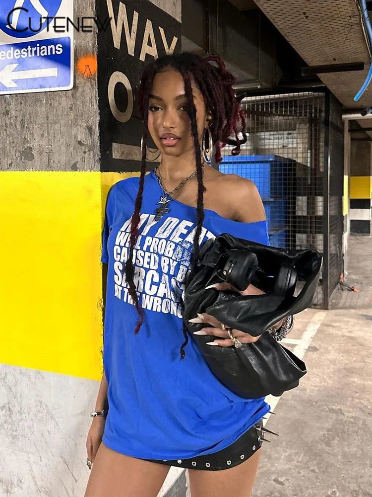 Casual Letter Print Women T-shirts Summer Concise Incline Shoulder Short Sleeve Oversized Tees Female Wild Street Tops