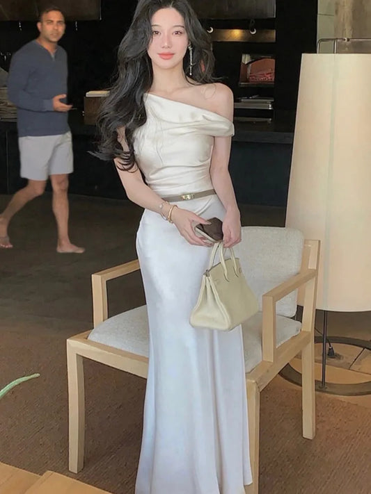 Elegante vestido largo ajustado de satén para mujer, con hombros descubiertos, liso, estilo sirena francesa, para boda, fiesta de noche, graduación