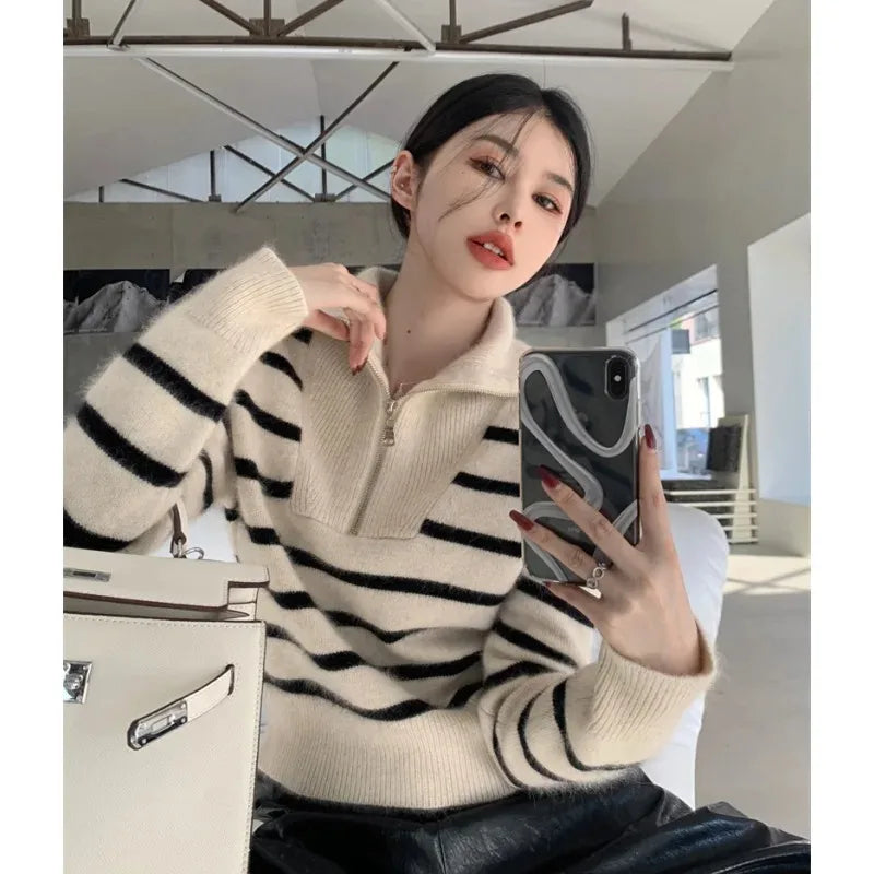 Women’s Striped Sweater Zip Thick Fall Loose Turtleneck Knit Jumper Turn-down Collar Casual Oversize Fashion Women Sweaters