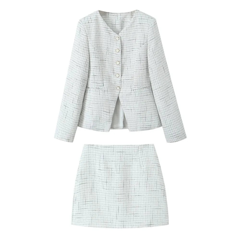 Blazer de tweed tejido a cuadros con cuello en V retro estilo francés + minifalda corta de cintura alta, conjunto de 2 piezas, negro y blanco
