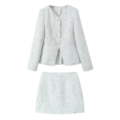 Blazer de tweed tejido a cuadros con cuello en V retro estilo francés + minifalda corta de cintura alta, conjunto de 2 piezas, negro y blanco