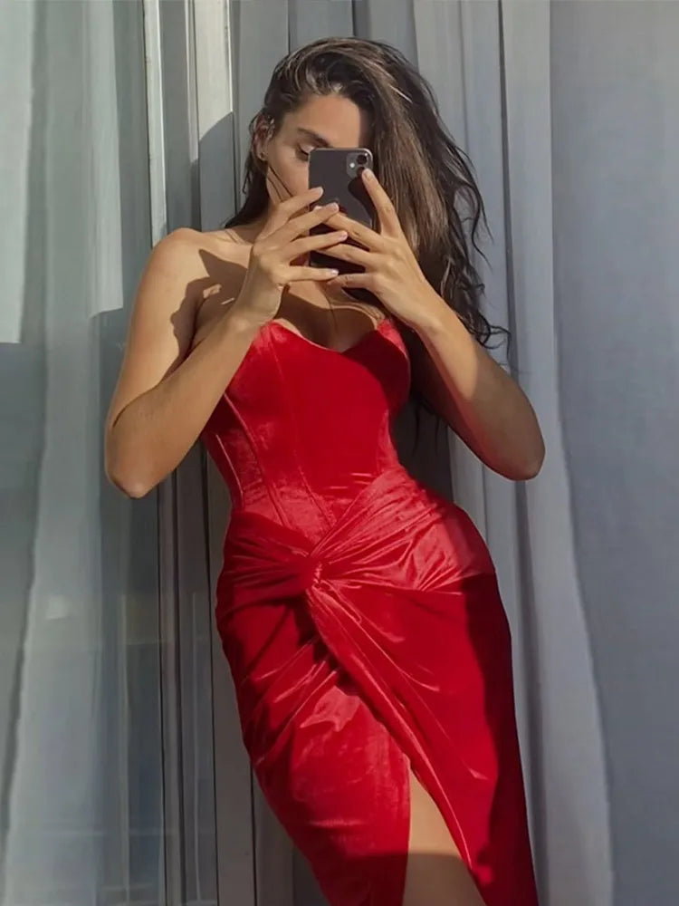 Sexy Velvet Solid Tube Long Dresses Women Vintage Slim Knot Slit Evening Dress Female Spring Elegant Chic Street Party Vestidos