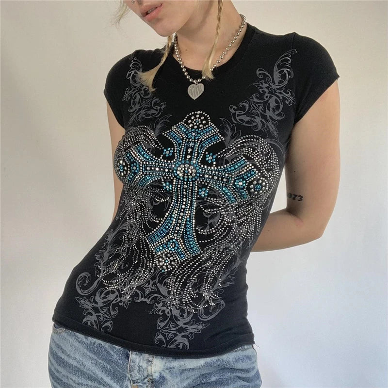 Rhinestone T Shirt y2k Aesthetic Fairy Grunge Cross Wings Pattern Short Sleeve Tops Casual Graphic Tee 2000s Streetwear