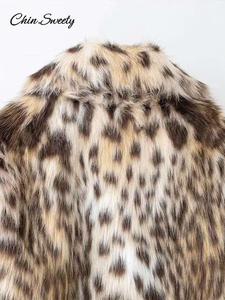 Abrigo corto de piel sintética con estampado de leopardo para mujer, chaqueta de botones sueltos con solapa de felpa abullonada, abrigo grueso y cálido de invierno