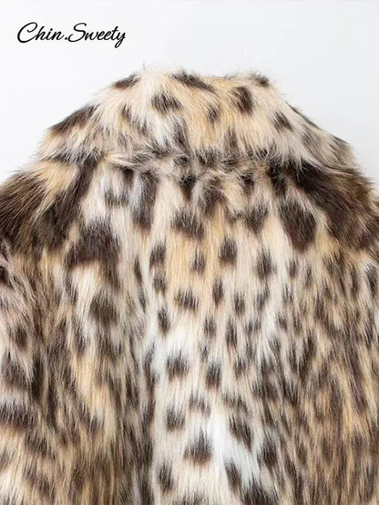 Abrigo corto de piel sintética con estampado de leopardo para mujer, chaqueta de botones sueltos con solapa de felpa abullonada, abrigo grueso y cálido de invierno