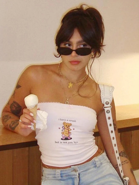 Top de corsé blanco sin mangas de verano con estampado de letras de oso bonito, top corto sexy ajustado para mujer, ropa de moda con lazo de encaje, ropa de mujer