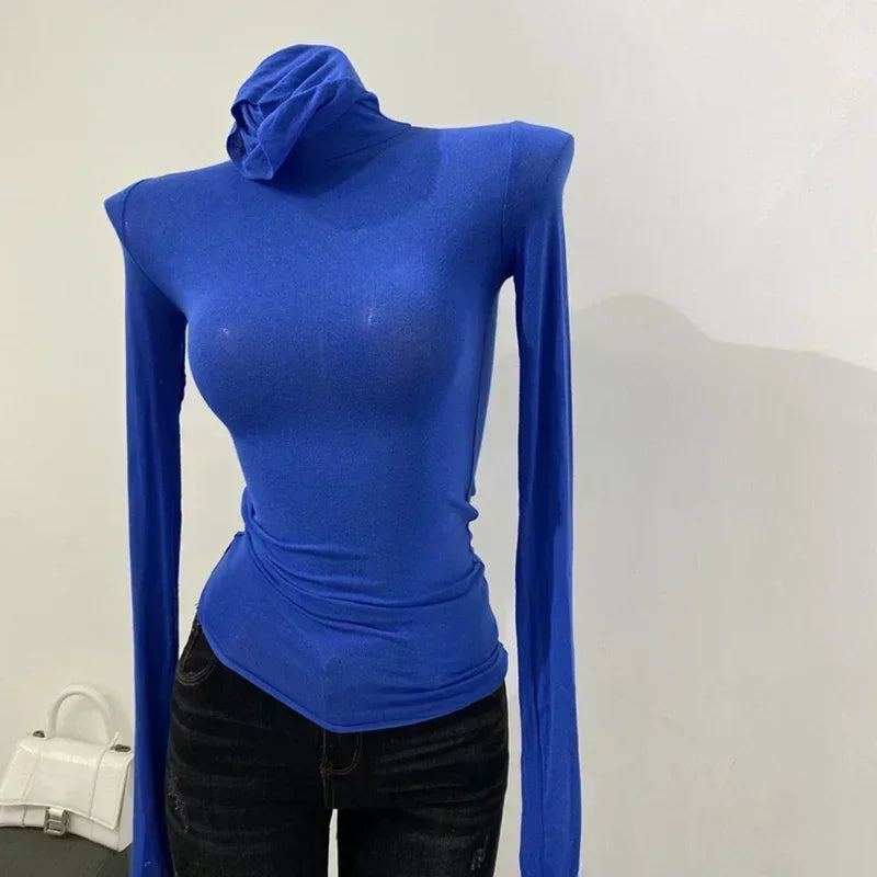 Camiseta fina y suave de manga larga americana con cuello alto y perspectiva ajustada para mujer, ropa de calle sexy