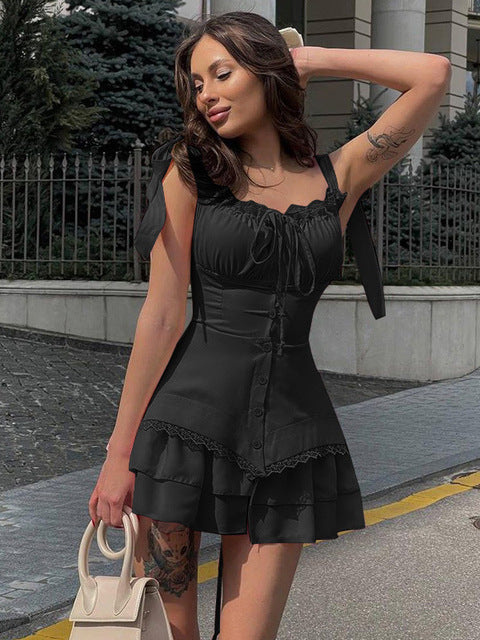 Elegante vestido ajustado sin mangas con volantes y borde para mujer, falda corta sexy con volantes y borde, ropa de moda para fiestas callejeras y clubes.