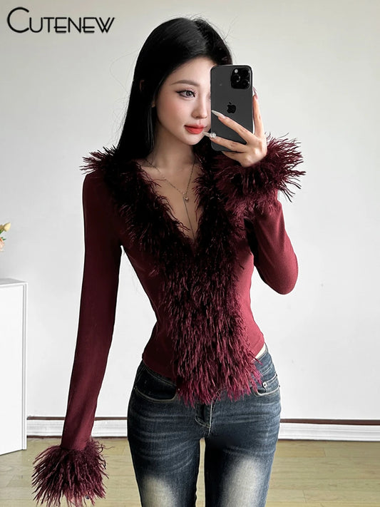 Feather Patchwork Women Tops Autumn Hipster Solid Full Sleeve V-neck Split Ribbed Slim Tee Female All-matched Streetwear
