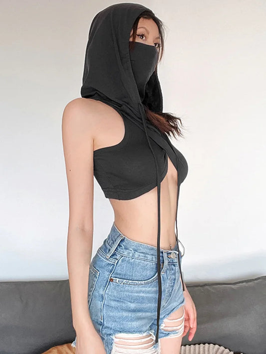 Moda de verano, tendencia, color sólido, Y2k, tops nuevos informales con capucha y cordones, top corto sexy ajustado de cuello alto sin mangas, ropa para mujer