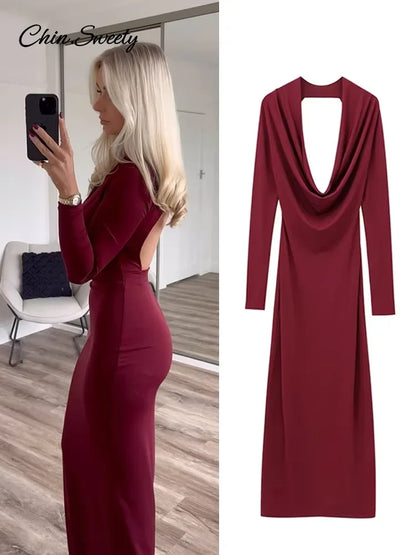 Elegant Hang Neck Burgundy Long Party Dress Women Halter Full Sleeve Maxi Dresses  Autumn Lady Slim Hip Package Gowns New