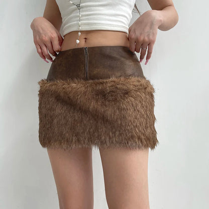 Wild Fashion Zipper Pu Patchwork Faux Fur Women¡¯s Skirts Chic Sexy Skinny Mini Leather Skirt Gyaru
