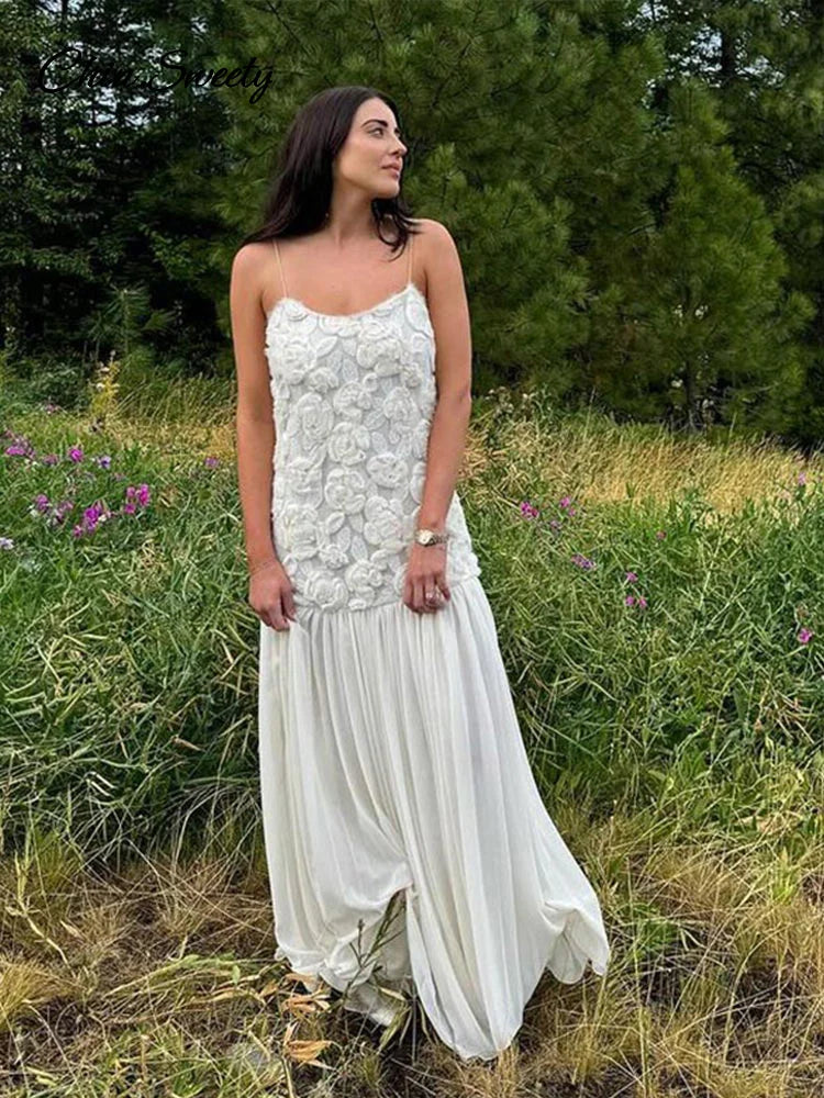 Elegante vestido largo blanco con estampado floral 3D para mujer, con retazos, espalda descubierta, plisado, para fiesta de noche, verano 2025, corte A
