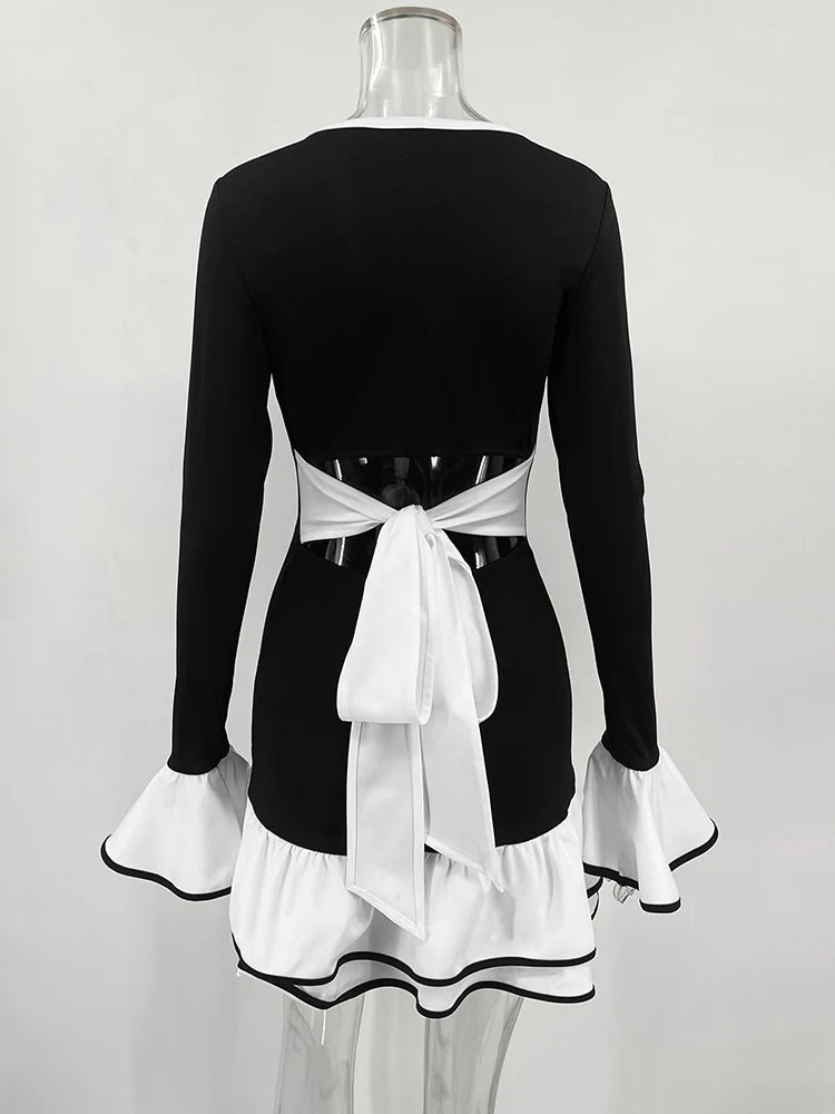 Ruffled Backless Tee Bow Mini Dress Female Slim High Waist Fashion Elegant Party Dress Commute Clothes Autumn Dress