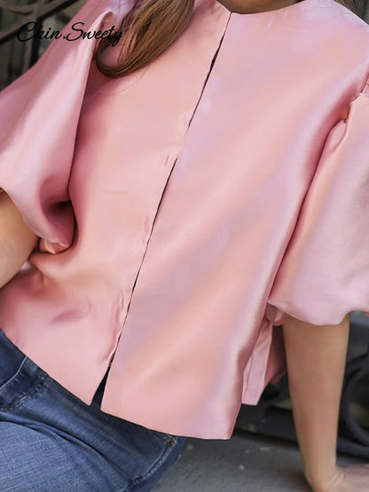 Elegant Satin Puff Short Sleeve Top Women Loose Solid Buckle O-neck Shirts Female 2025 Spring Summer Fashion Office Lady Outwear