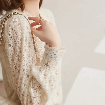 Blusas de encaje estilo primavera otoño para mujer, blusas informales de manga larga con farol y cuello alto, blusas SP1529