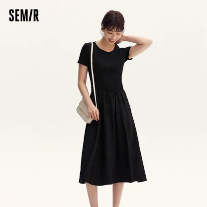 Dress Women Slim-Fit Waist-Cinching Dress  Summer New Fake Two-Piece Round Neck Midi Versatile Dress