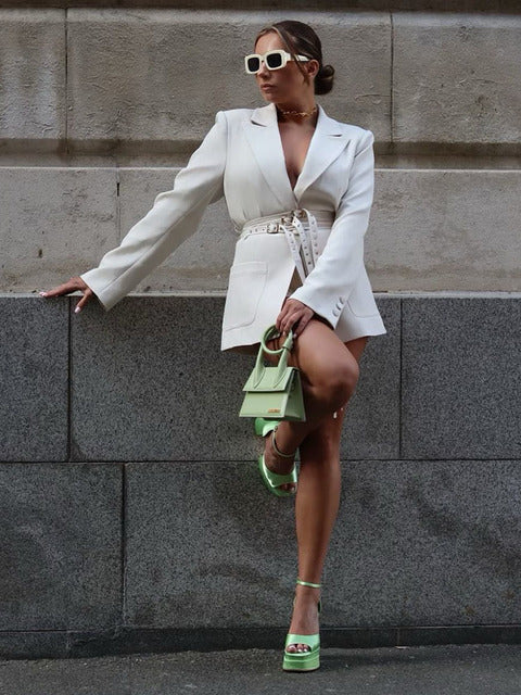 Double Layer Bandage Slim Blazer Women Long Sleeve Pocket Long Jacket Female Suit Outwear Tops Street Party  Autumn