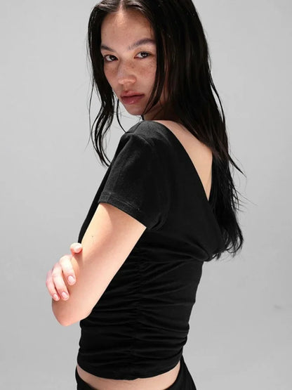 Ropa de verano sexy de colores sólidos para mujer, camisetas casuales de manga corta con cuello oblicuo para mujer, ropa de calle de un solo hombro, top Y2k