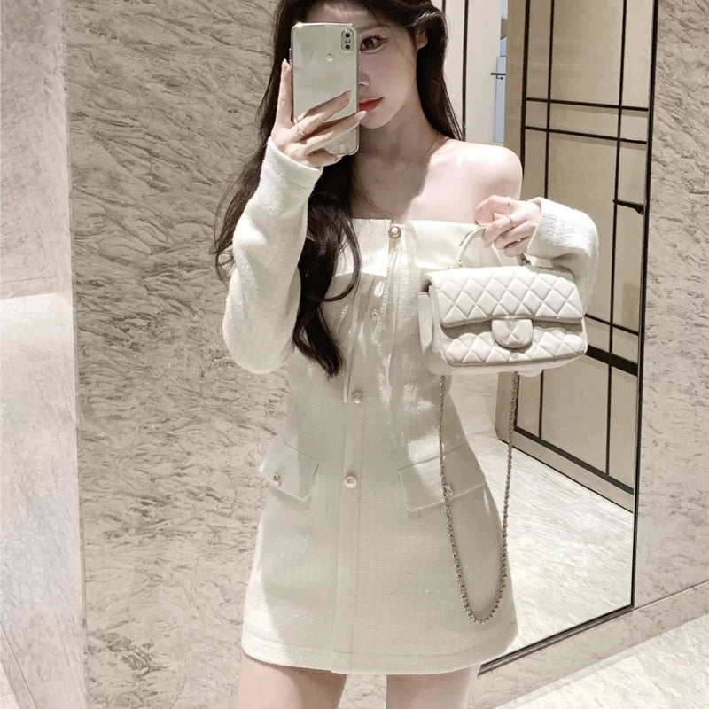 Elegante vestido corto de tweed con cuello oblicuo para mujer, manga larga, cintura estrecha, vestido de fiesta de cumpleaños, moda coreana, Vestidos para mujer