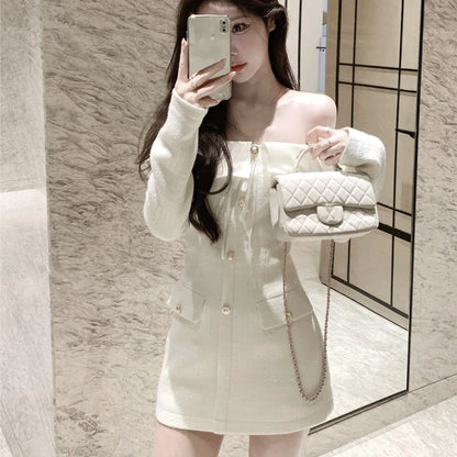 Elegante vestido corto de tweed con cuello oblicuo para mujer, manga larga, cintura estrecha, vestido de fiesta de cumpleaños, moda coreana, Vestidos para mujer