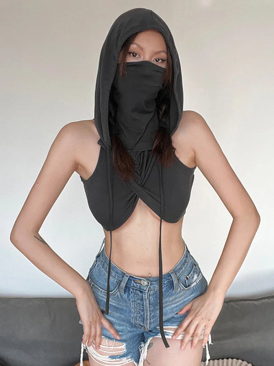 Moda de verano, tendencia, color sólido, Y2k, tops nuevos informales con capucha y cordones, top corto sexy ajustado de cuello alto sin mangas, ropa para mujer