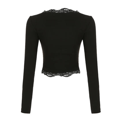 Tops de mujer con cuello en V y lazo de terciopelo con encaje empalmado, manga larga, corte entallado, sexy, moda de otoño, nueva ropa