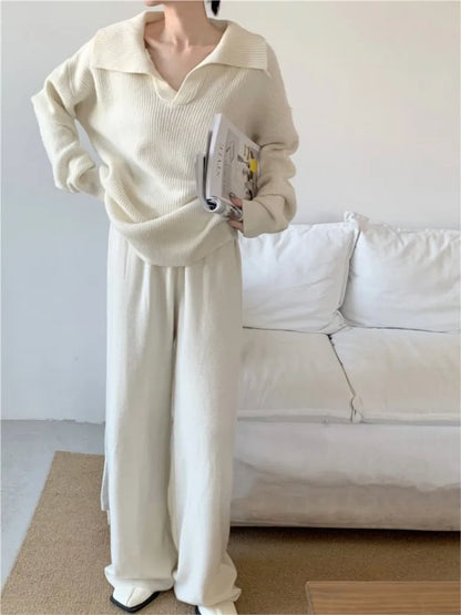 Conjunto de dos piezas de punto para mujer, jersey de solapa, pantalones largos, moda coreana, ropa informal femenina, prendas de punto, otoño e invierno, nuevo