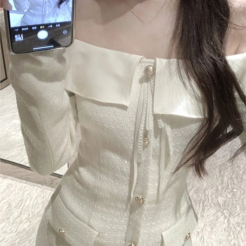 Elegante vestido corto de tweed con cuello oblicuo para mujer, manga larga, cintura estrecha, vestido de fiesta de cumpleaños, moda coreana, Vestidos para mujer