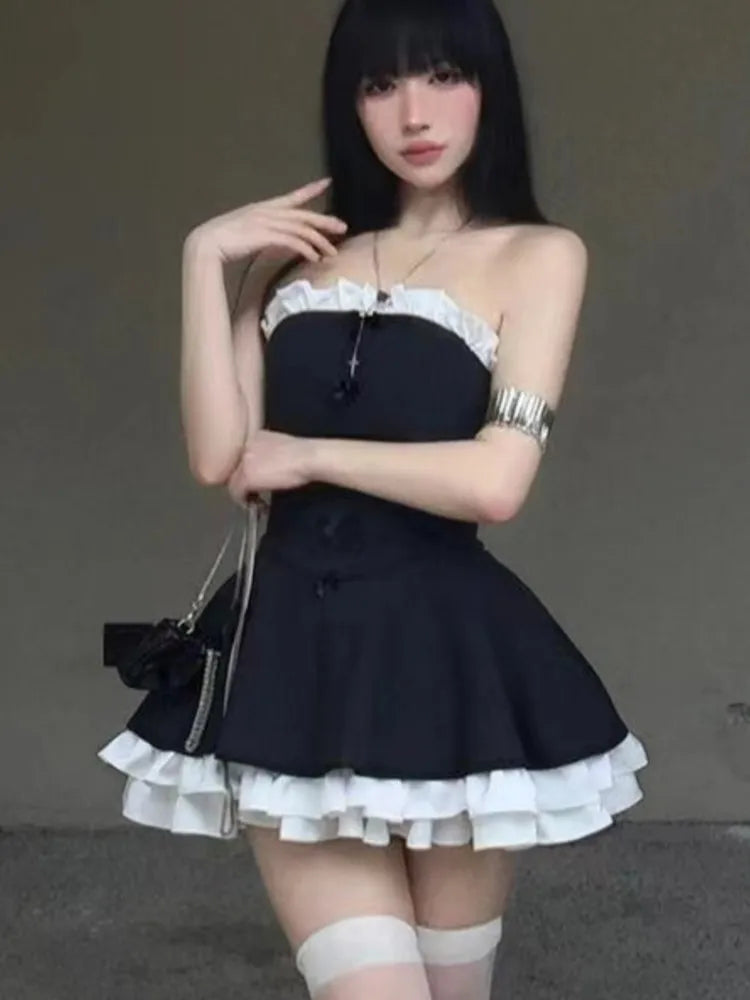 Vestido de fiesta de cumpleaños Y2K sin tirantes con retazos y volantes, corte A, corto, para mujer, vestido de baile francés de una pieza