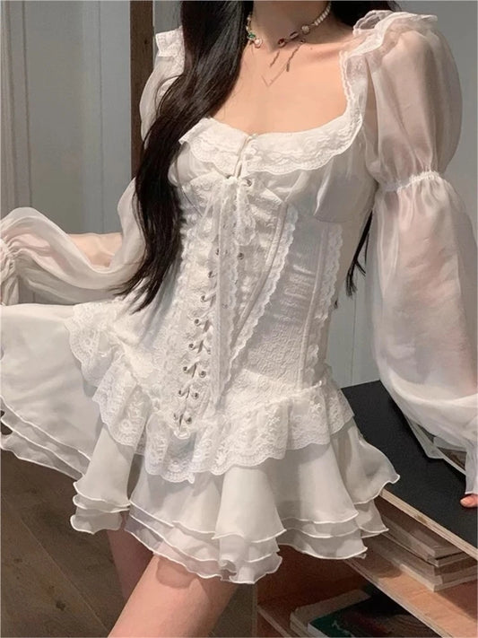 Vestidos cortos blancos Y2K para mujer, mangas largas, cuello cuadrado, corsé con cordones, volantes vintage franceses, vestido de fiesta de corte A.