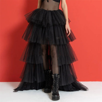 Tulle Skirts Women y2k Solid Color Elastic High Waist Asymmetrical Hem Long Skirts Summer Evening Party Skirt Clubwear