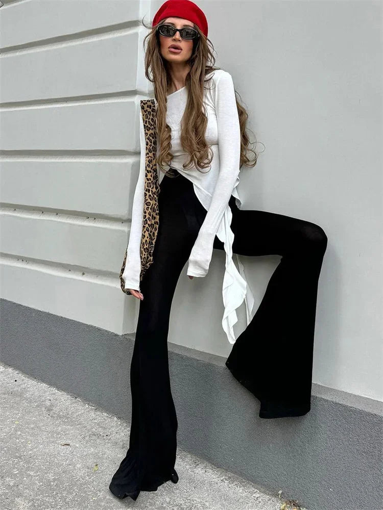 Camiseta de punto blanca ajustada para mujer, jersey con volantes y patchwork transparente, manga larga, top interior sexy Y2k, camiseta de punto para mujer