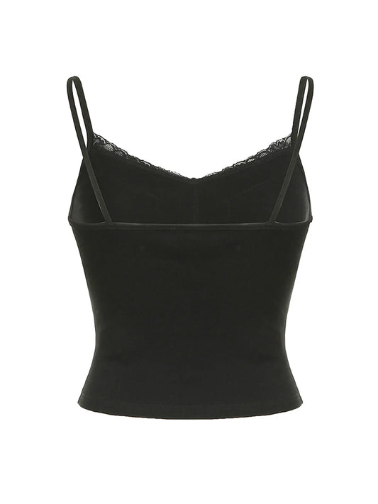 Camisola básica linda con cuello en V ajustado de retazos de encaje sólido negro para mujer Top corto Y2K blanco