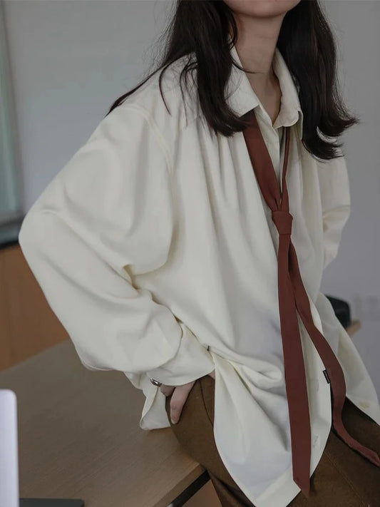 Camisa minimalista de manga larga con botones para mujer, estilo coreano, con lazo liso, de gran tamaño, holgada, para otoño