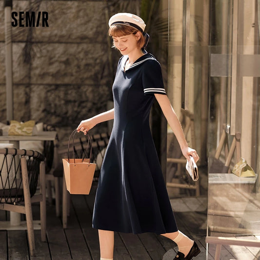 Dress Women Navy Collar With A Collegiate And Artistic Style  Summer New White Moonlight Waist-Cinched Long Dress