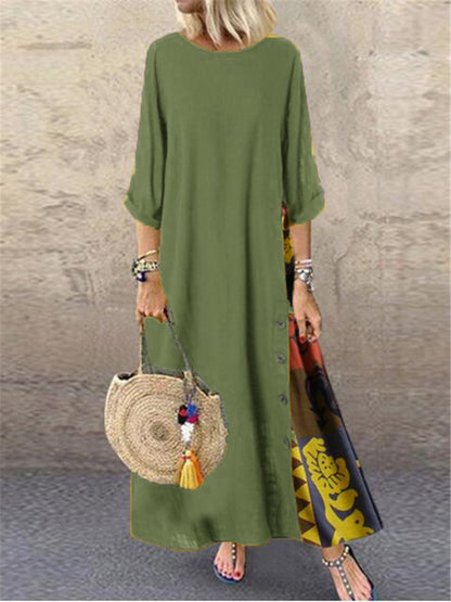 Vestidos largos vintage de lino y algodón para mujer, mangas tres cuartos, estampado empalmado, holgados, línea A, moda informal, maxivestido para mujer