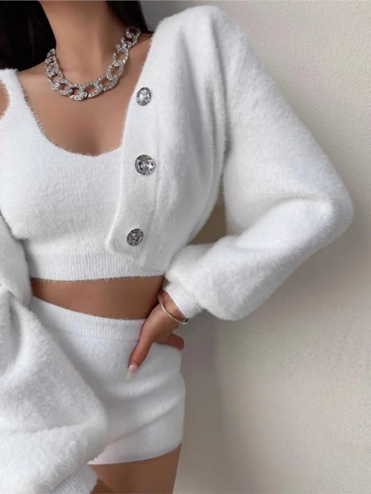 Women’s 3-piece Set Korea Style White Cardigan Furry Single-breasted Button Tank Top Knitted Sweater Jumper Shorts Pants Set