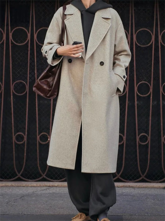Abrigo holgado de moda para mujer, con bolsillo y solapa, cintura alta, manga larga, chaqueta de invierno para mujer, abrigo liso con parches, prendas de vestir exteriores
