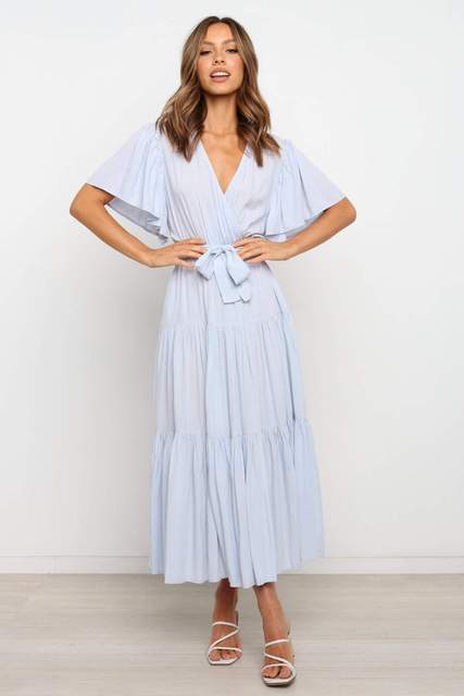 Vestidos largos con volantes de color liso de moda para mujer, sexys, con escote en V y mangas con volantes, vestido elegante con temperamento ahuecado para mujer, novedad de verano 2025