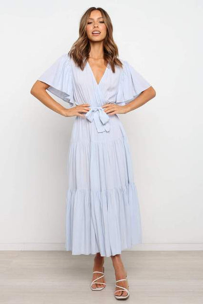 Vestidos largos con volantes de color liso de moda para mujer, sexys, con escote en V y mangas con volantes, vestido elegante con temperamento ahuecado para mujer, novedad de verano 2025