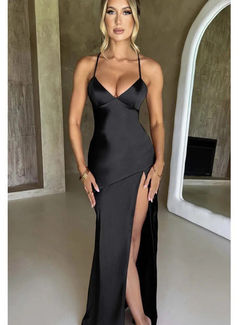 Vestido maxi de satén sexy sin tirantes para mujer, con espalda abierta y abertura alta, ajustado, elegante para fiesta y club, primavera y verano