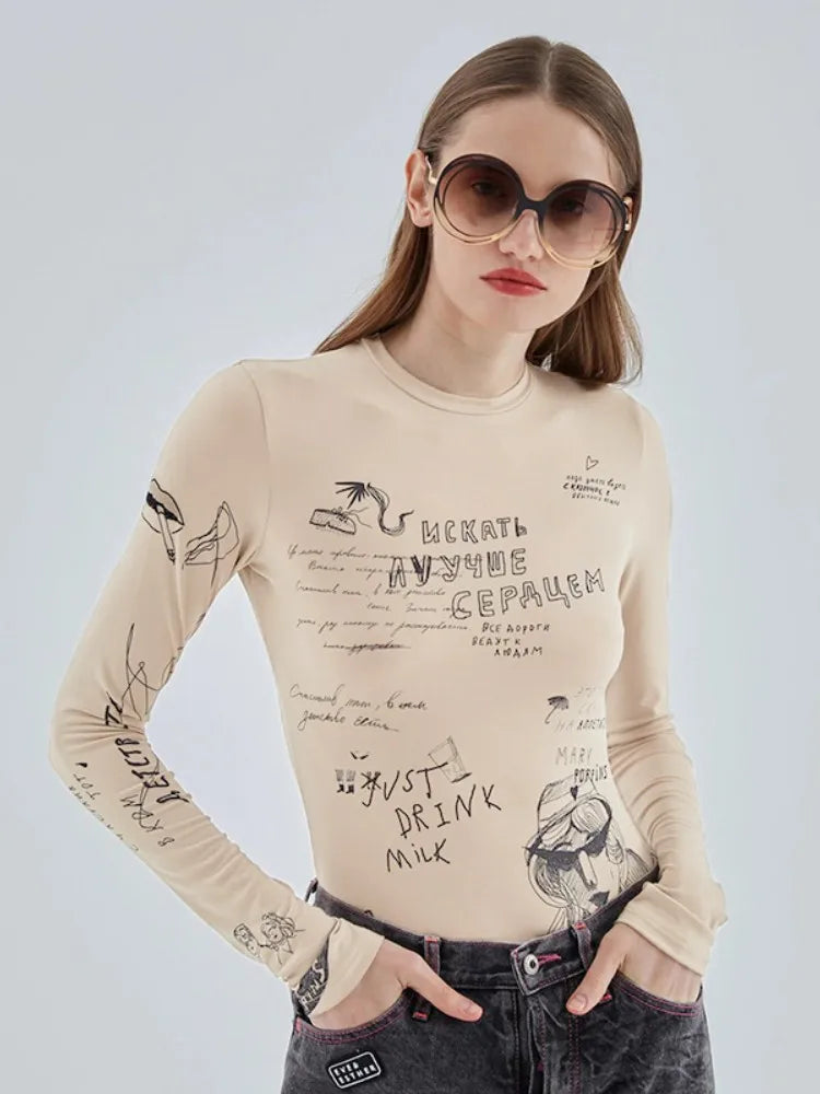 Body sexy ajustado con estampado de letras para mujer, top corto Y2k, ropa de manga larga, body femenino ajustado