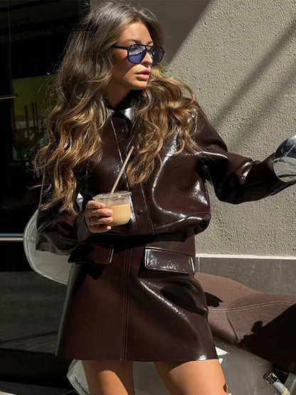 Casual Leather Jacket Skirt Set for Women 2 Pieces Lapel Single Breasted Top Mini Skirts Autumn Lady Y2k All-matching Outfits