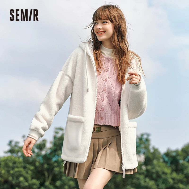 Abrigo de lana de cordero sintética para mujer, forro polar de doble cara, holgado, nuevo, de invierno, con capucha sencilla y en contraste de colores.