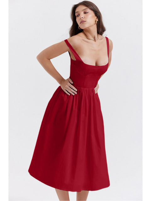 Vestido midi de verano sin espalda para mujer, con tirantes finos, sin mangas, corte A, holgado, elegante y sexy, para club