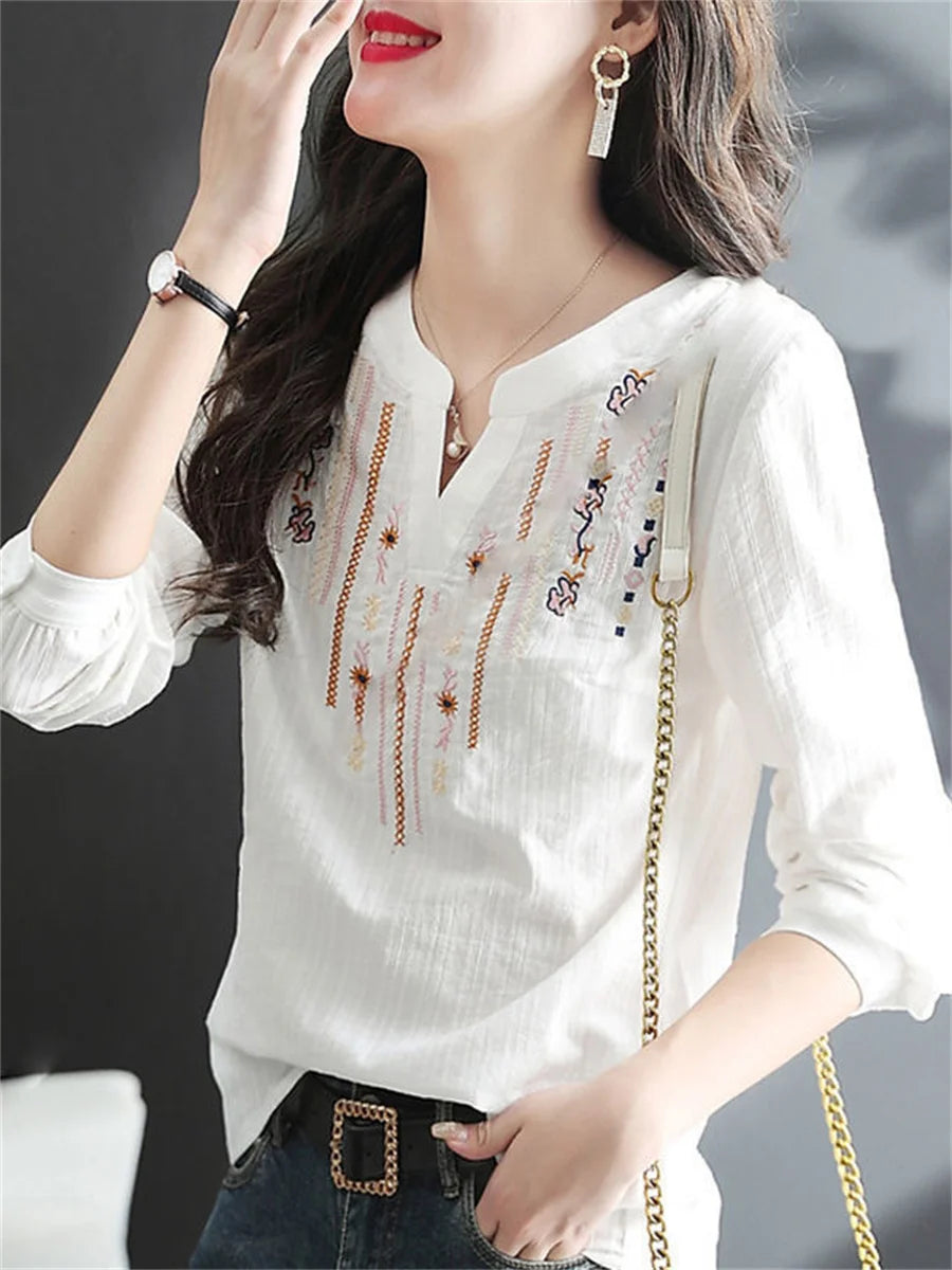 Blusas blancas de primavera y otoño para mujer, blusas informales bordadas con cuello en V y manga larga, blusas vintage holgadas DF4272