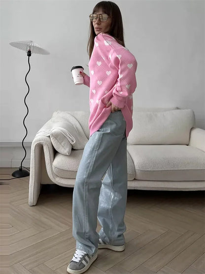 Autumn Printed Knitwear Pullover For Women Casual Patchwork Long Sleeve Contrast Loose Top Clothes Female Knit Pullover