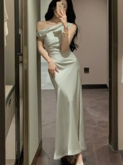 Elegante vestido largo ajustado de satén para mujer, con hombros descubiertos, liso, estilo sirena francesa, para boda, fiesta de noche, graduación